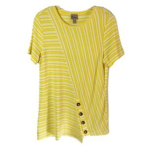 Como Vintage Women's Knit Top M Stripe Yellow Short Sleeve Asymmetric Button Hem